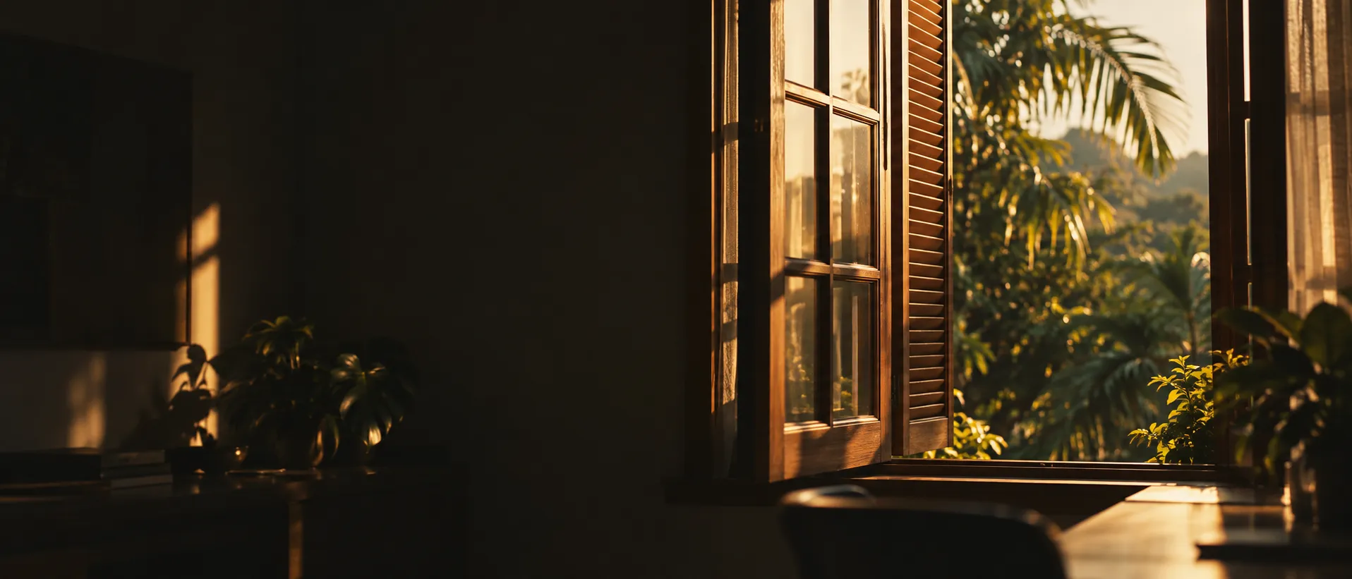 Janela se abrindo para a luz do fim de tarde