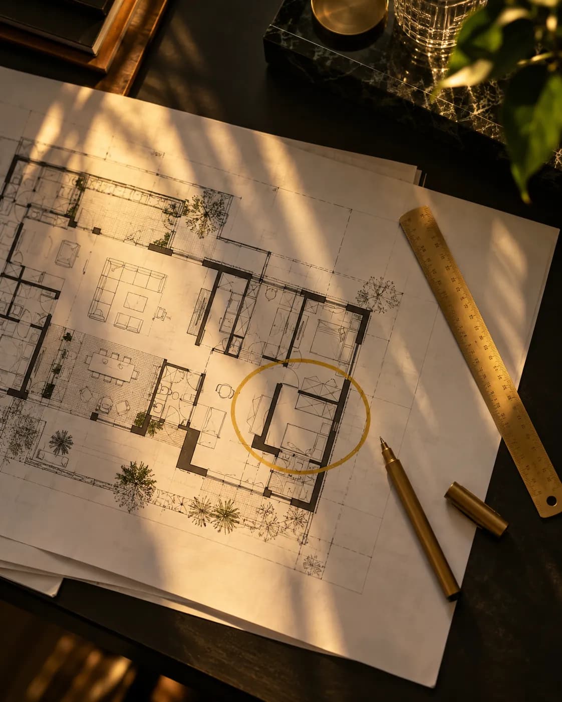 Planta impressa sobre a mesa, com uma marca dourada